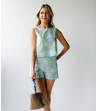 x SARAH & MOLLY Cabana Stripe Print Sleeveless Scalloped Button Back 2-Piece Short Set | Dillard's