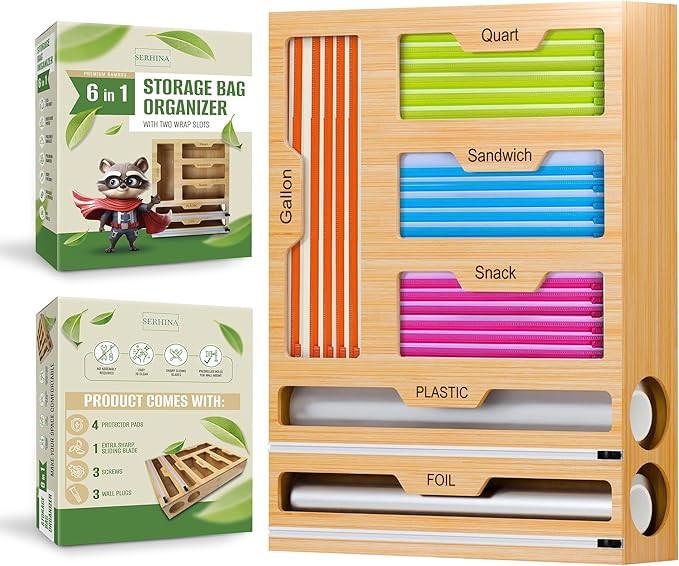 Storage Bag Organizer for Kitchen Drawer - Foil and Plastic Wrap Organizer with Cutter - Plastic ... | Amazon (US)