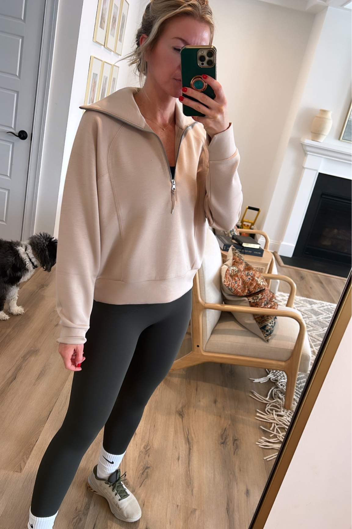 Half-zip pullover, Spanx leggings, custom  gold Nikes #spanx

#LTKfit