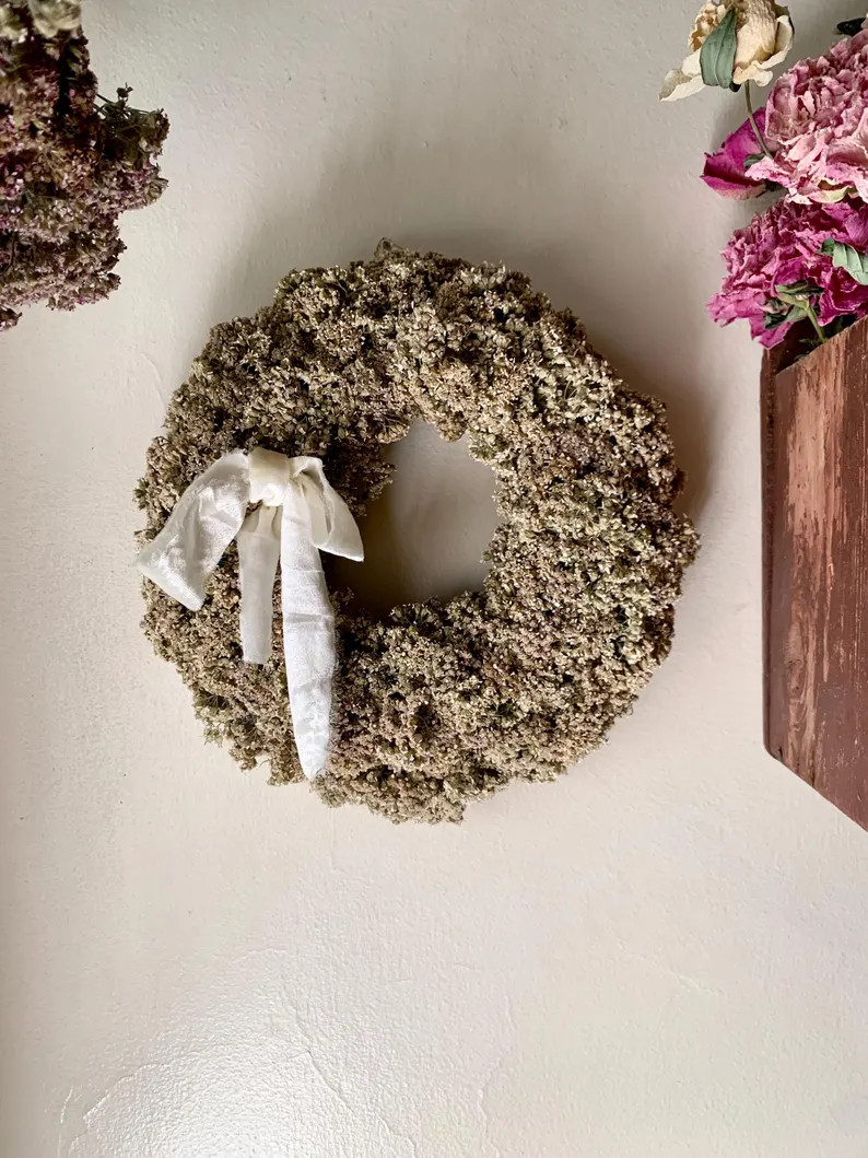 White Yarrow Dried Flower Wreath with Velvet Ribbon, 11 Inches,  Floral Wall Hanging, French Broc... | Etsy (Global)