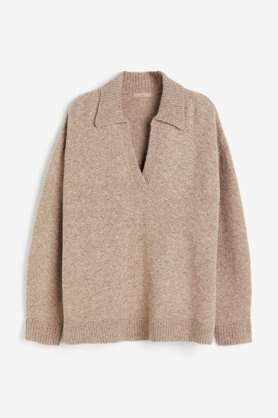 Long polo jumper - Beige marl - Ladies | H&M GB | H&M (UK, MY, IN, SG, PH, TW, HK)