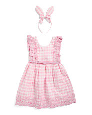 Girls Gingham Belted Dress With Bunny Ear Headband | Marshalls