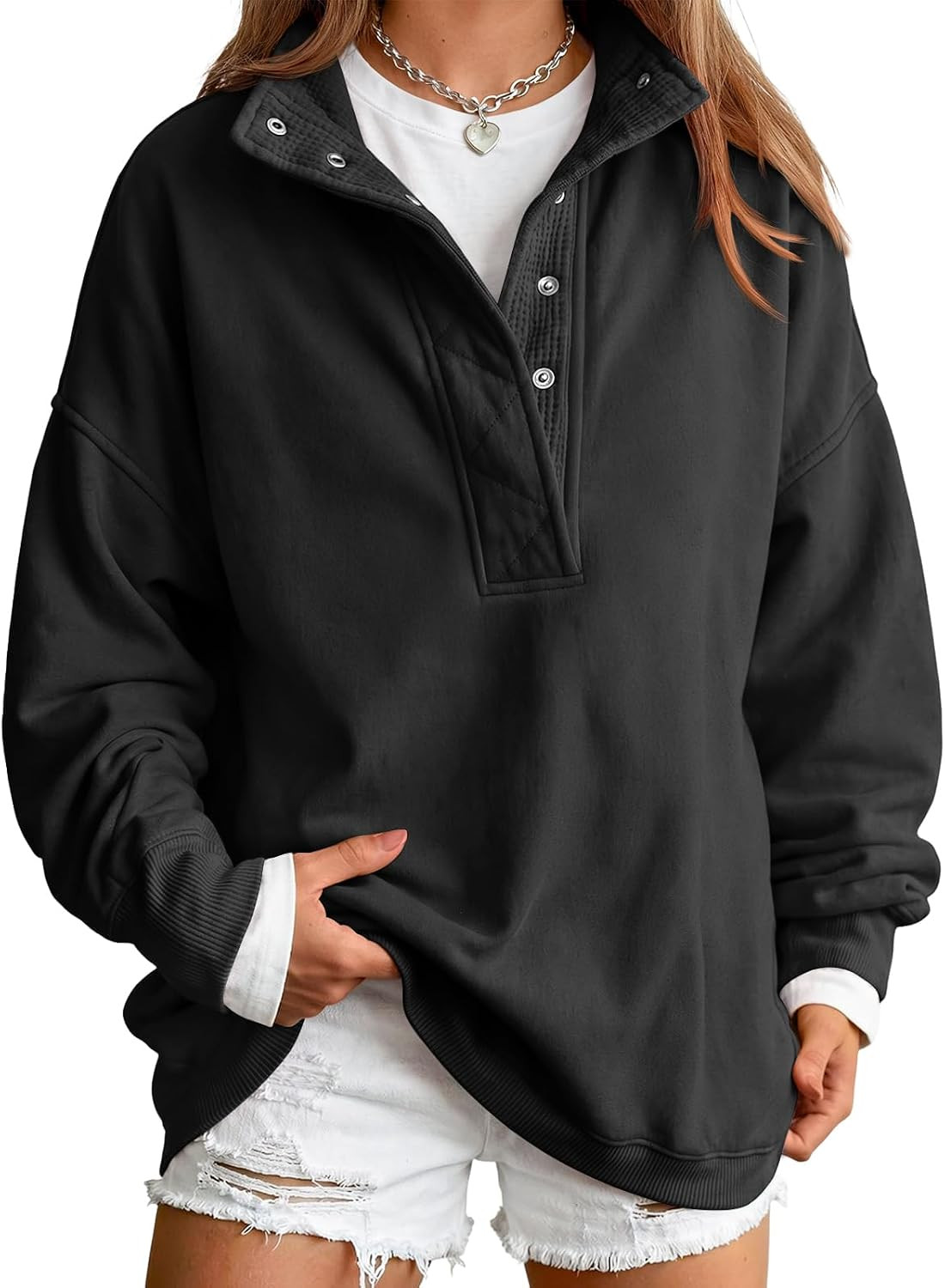 Trendy Queen Womens Oversized Sweatshirts with Snap Button Henley Collar | Amazon (US)