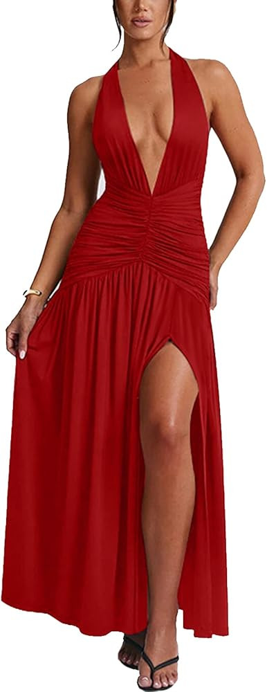 Ekaliy Women's Sexy Halter Deep V Neck Maxi Dress Sleeveless Backless High Slit Ruched Long Dress... | Amazon (US)