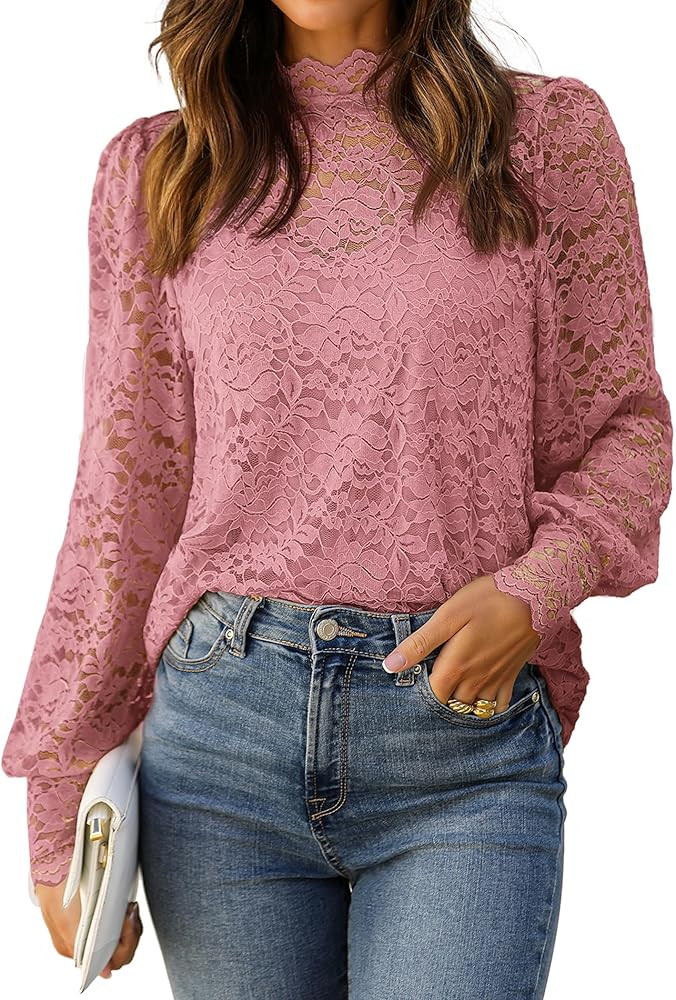 HOTOUCH Womens Lace Tops Long Sleeve Mock Neck Casual Elegant Blouses Shirts with Separable Camis... | Amazon (US)