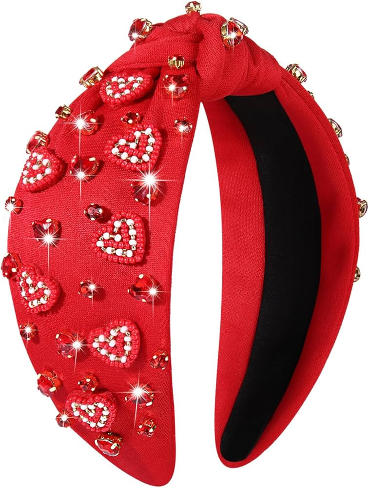 YAHPERN Valentine’s Day Headband for Women Red Pink Heart Knotted Headband Jeweled Rhinestone C... | Amazon (US)