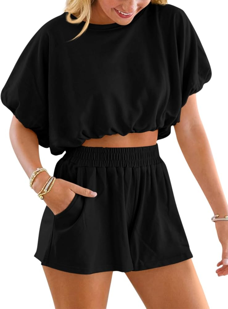 Women Summer 2 Pieces Shorts Sets Bubble Crop Tops Casual Loose Outfits Comfy Lounge Sets | Amazon (US)