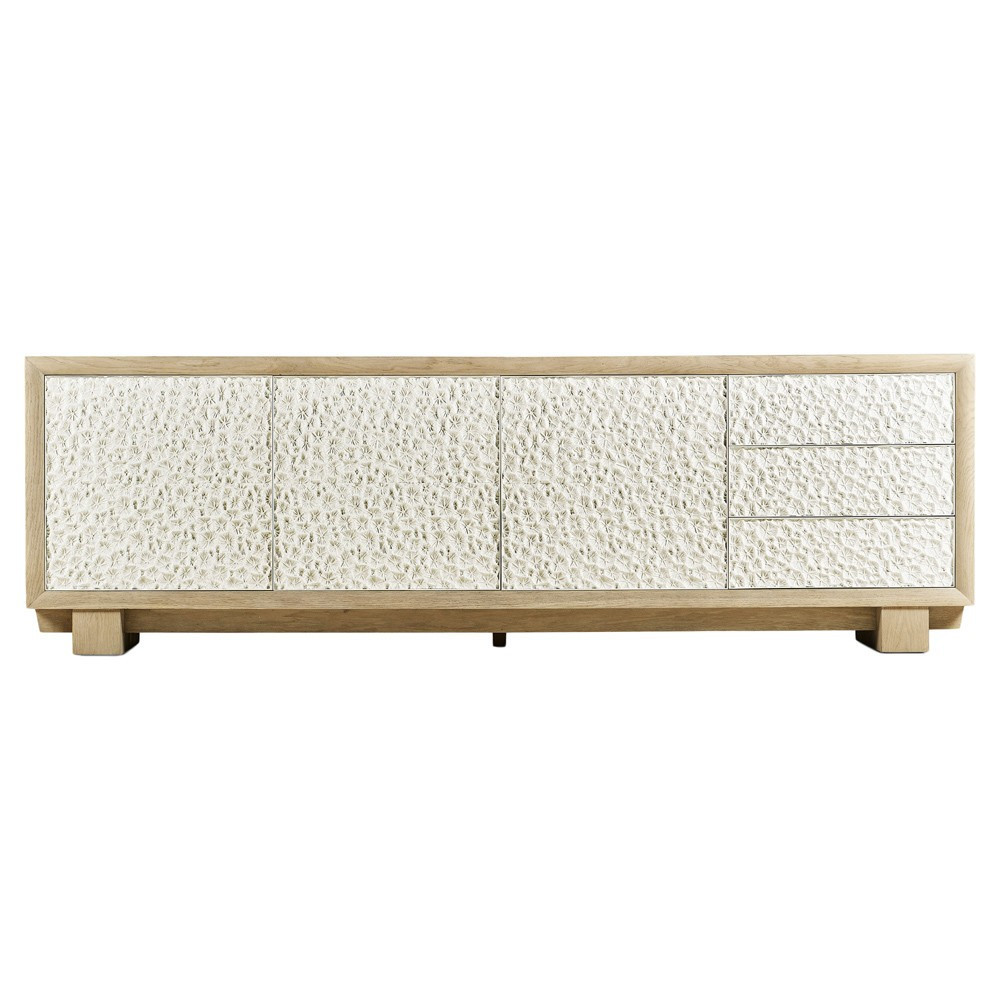 Maris Coastal Beach White Coral Patterned Oak Wood Media Cabinet - 102 | Kathy Kuo Home