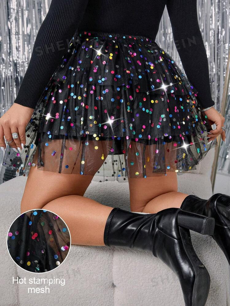 SHEIN BAE Plus Size Multi-Layer Hem Holographic Foil Polka Dot Mini Skirt, For Party And Date | SHEIN
