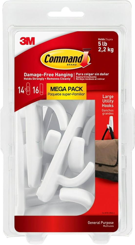 Command Large Utility Hook Mega Pack, White, 14-Hooks, 16-Strips, Organize Damage-Free | Amazon (US)