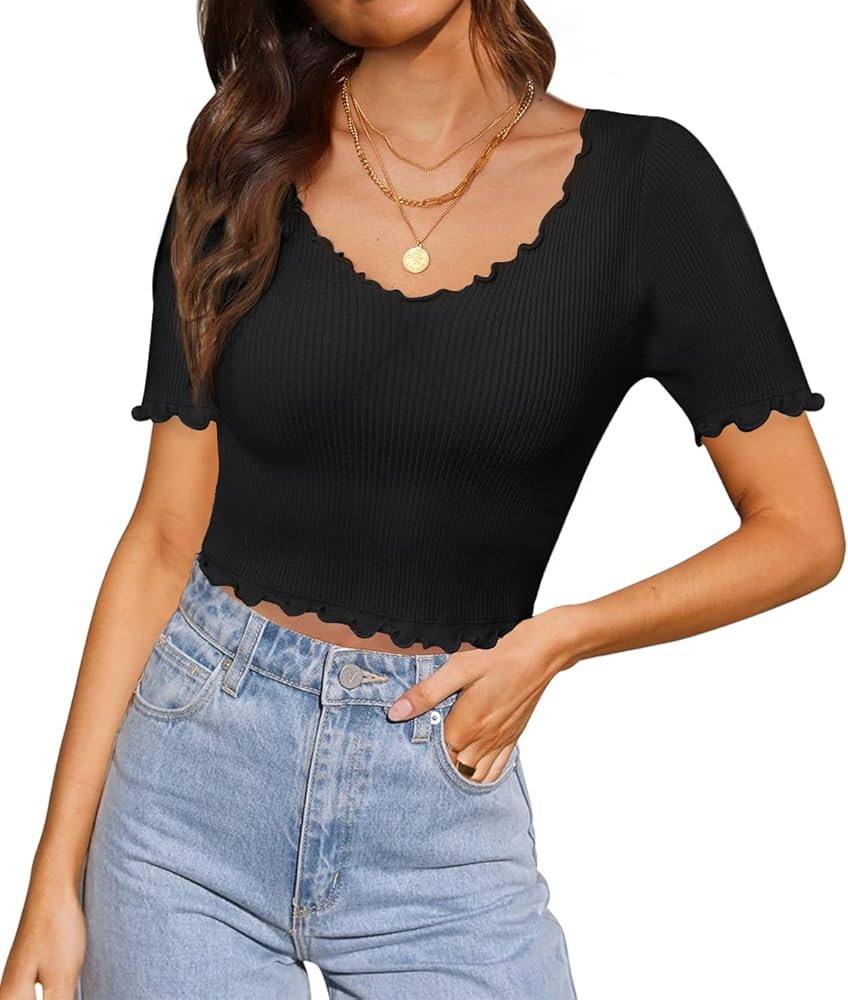 MEROKEETY Women's 2024 Y2K Crop Tops Low Cut Slim Fit Ribbed Knit Going Out Tees Shirt | Amazon (US)