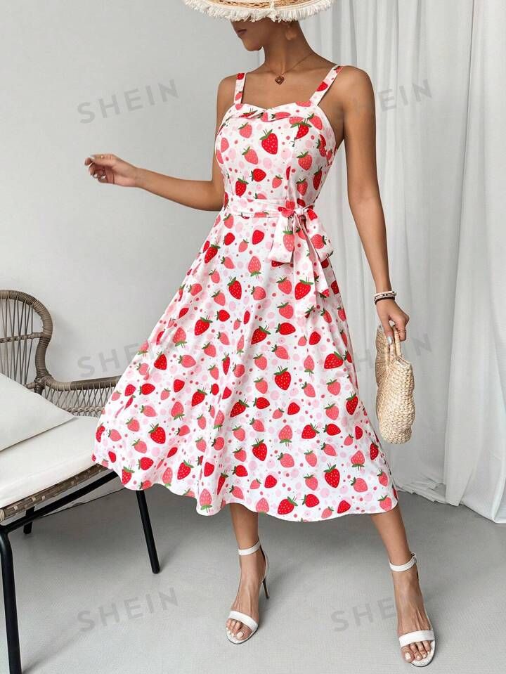 SHEIN Privé Ladies' Full Print Strawberry Pattern Spaghetti Strap Dress | SHEIN