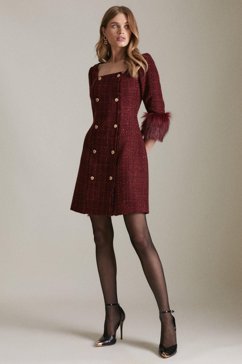 Sparkle Tweed And Faux Fur Cuff Db Mini Dress | Karen Millen UK & IE