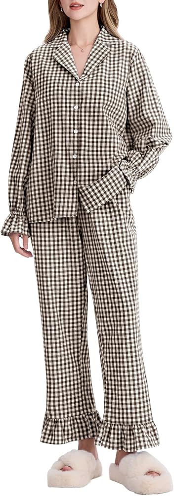 Kissonic Women Gingham Pajama Sets Cotton Long Sleeve Button Down Shirt and Pants Y2K Pjs Lounge ... | Amazon (US)