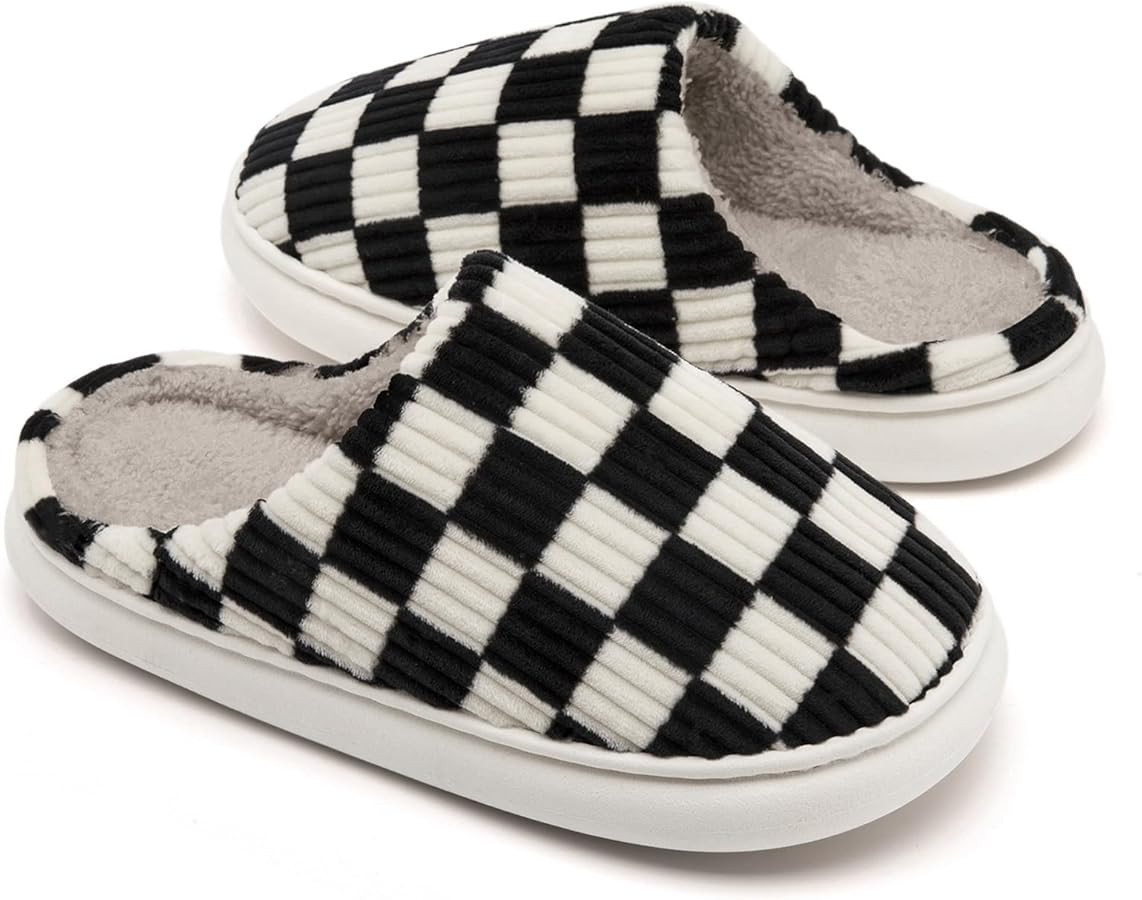 House Slippers for Woman Men, Fuzzy Checkered Mens Womens Slippers Warm Memory Foam House Shoes I... | Amazon (US)