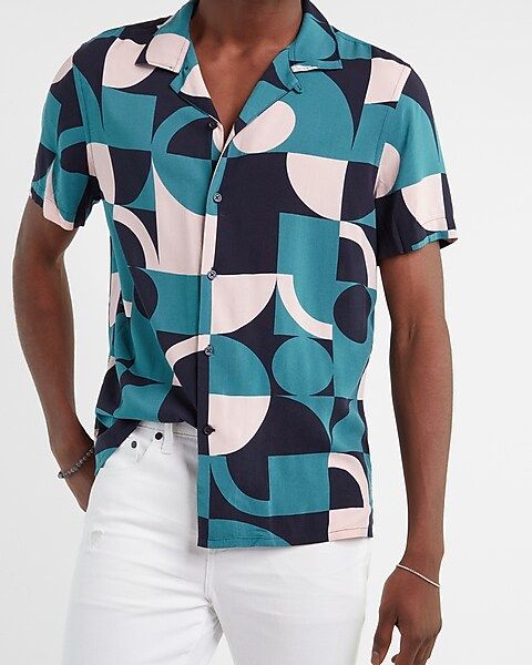 Slim Geo Print Rayon Short Sleeve Shirt | Express