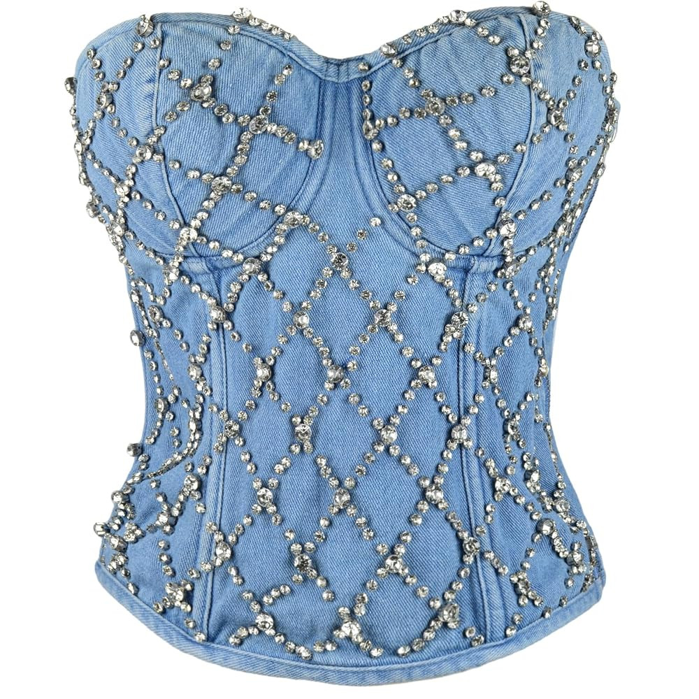 ELLACCI Women's Denim Rhinestone Corset Top Sexy Club Party Jean Bodysuit | Amazon (US)