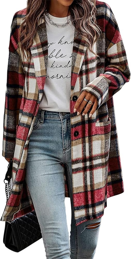 Plaid Shacket Jacket Women Long Fall Flannel Casual Jackets Button Wool Blend Winter Tartan Trenc... | Amazon (US)