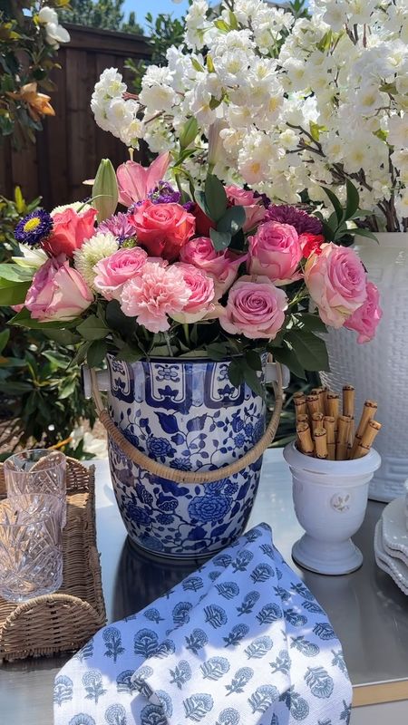 Outdoor entertaining, summer dining ice bucket blue and white outdoor console table 

#LTKFindsUnder50 #LTKSaleAlert #LTKHome