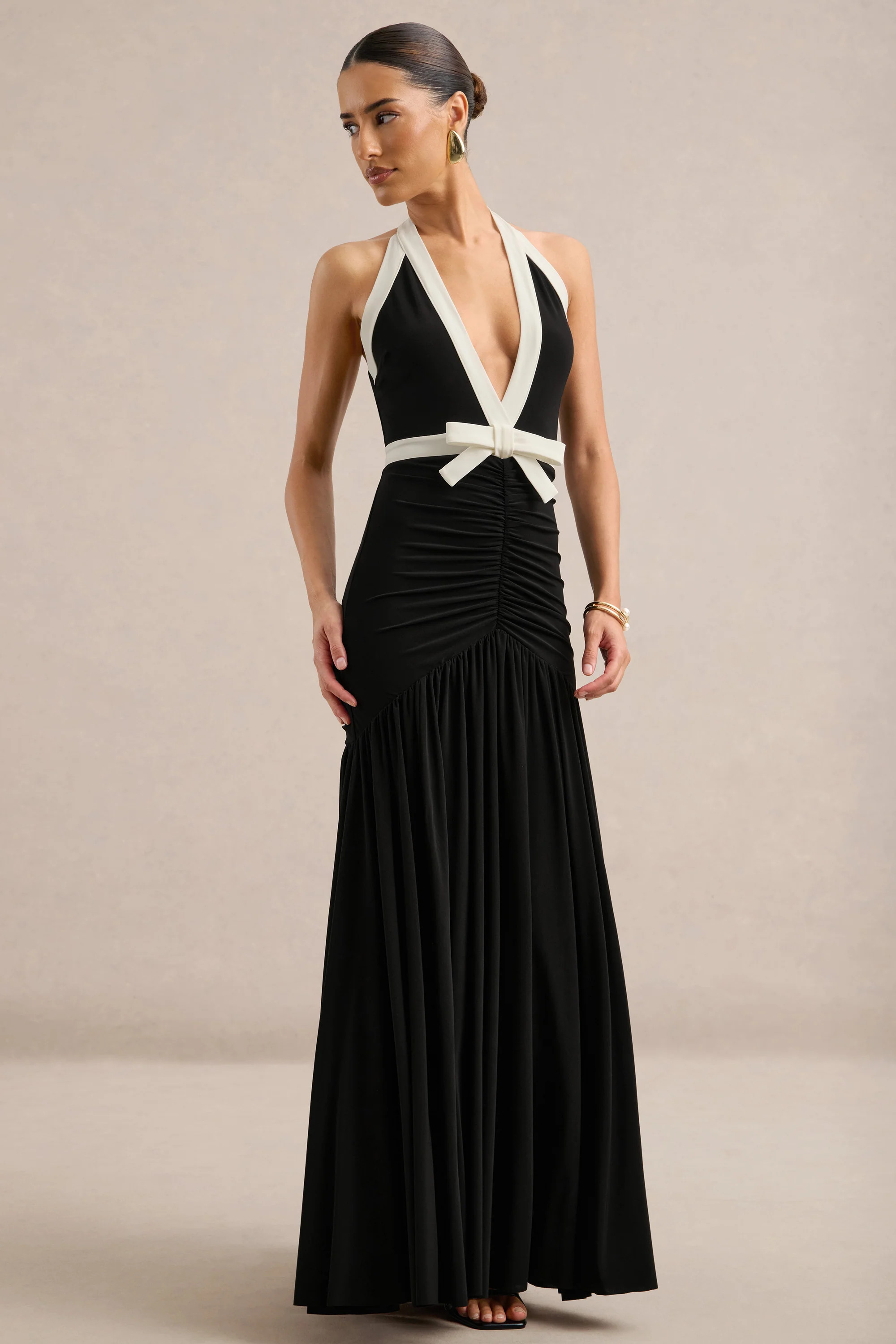 Cosmina | Monochrome Jersey Ruched Plunge Maxi Dress With Tie Back And | Club L London