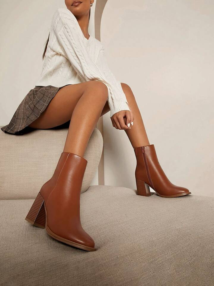 SHUZIA Women Shoes Welting Above Ankle Boot Stack Heel Round Toe PU Cognac Bootie | SHEIN