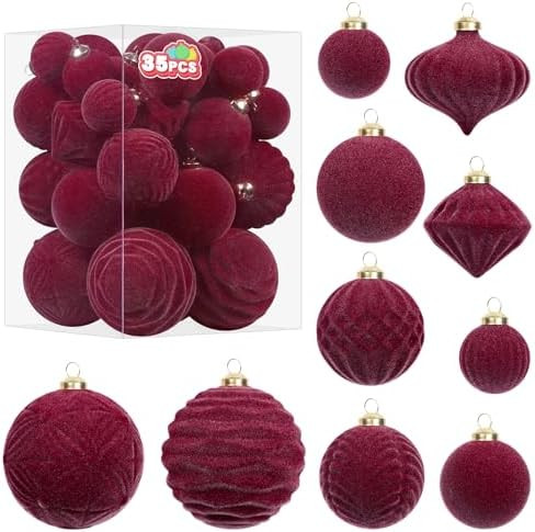 Super Holiday Velvet Christmas Ornaments Set, 35PCS Flocked Shatterproof Assorted Hanging Xmas Tr... | Amazon (US)