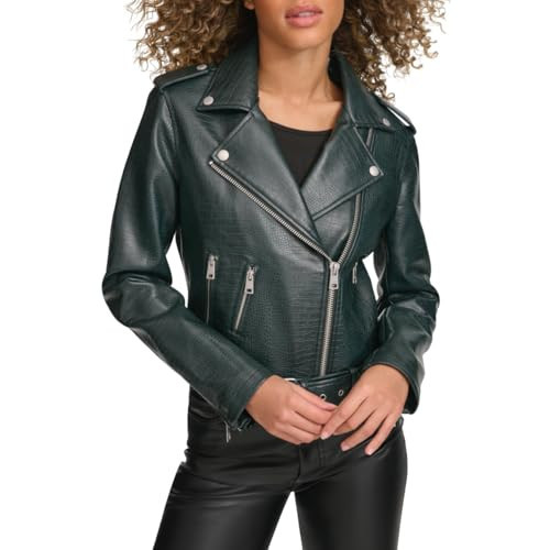 Levi's Women's Faux Leather Belted Motorcycle Jacket (Standard and Plus Sizes), Petrol Green Croc, X-Small | Amazon (US)