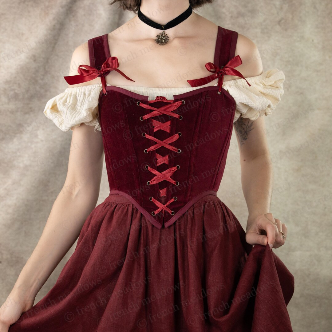 Dark Red Velvet Corset Top Renaissance Bodice Stays Strapless Costume Cottagecore Princess Front ... | Etsy (US)