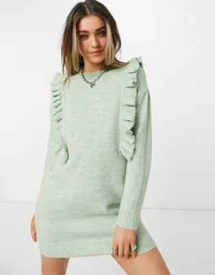 JDY knitted mini dress with ruffle detail in green | ASOS (Global)