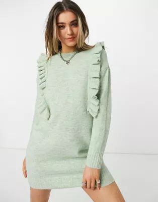 JDY knitted mini dress with ruffle detail in green | ASOS (Global)