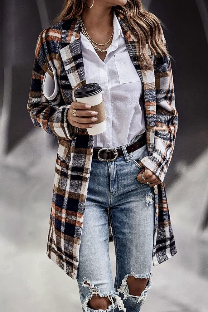 PRETTYGARDEN Women's 2023 Plaid Shacket Jacket Casual Button Wool Blend Winter Tartan Trench Coat Wi | Amazon (US)