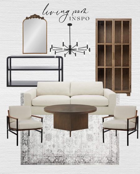 Living room furniture. White sofa modern. Modern accent chair comfy. Tall cabinet wooden. Black console table modern. Gold mirror gilt. Modern chandelier black. Living room rug vintage: round coffee table wooden: 

#LTKhome #LTKsalealert