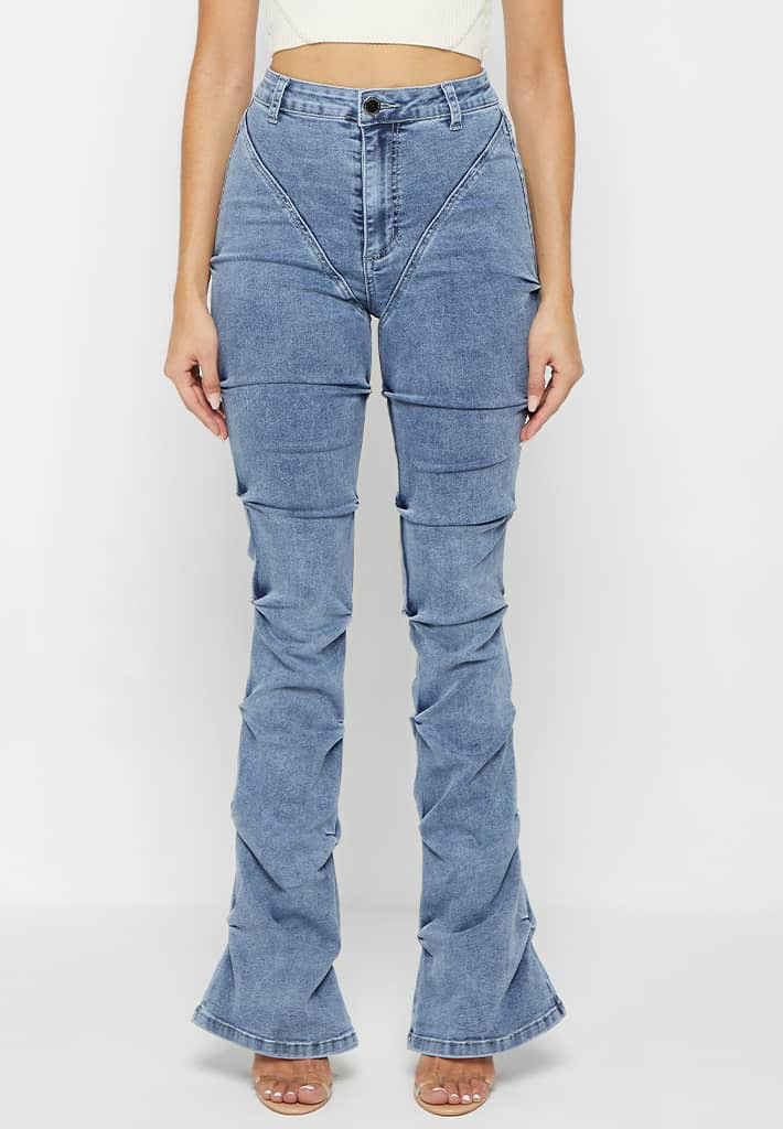 Tacked Denim Flared Jeans - Blue | Maniere De Voir