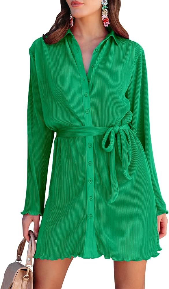 Shirt Dresses for Women Summer Dresses Vneck Long Sleeve Mini Button Down Dress Casual Ruffle Tun... | Amazon (US)
