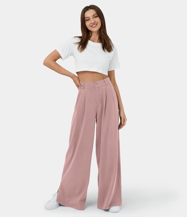 Women’s  High Waisted Button Zipper Plicated Side Pocket Split Hem Wide Leg Casual Pants - Hala... | HALARA