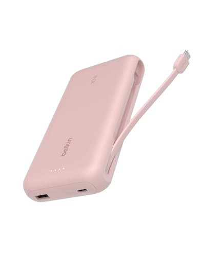 Belkin Portable Charger, Power Bank with Integrated Cable 20000 mAh 30W - Fast Charging USB C Power Delivery - iPhone 17, Air, Pro, Pro Max, iPad, AirPods, Apple Watch, Galaxy S25, & More - Pink | Amazon (US)