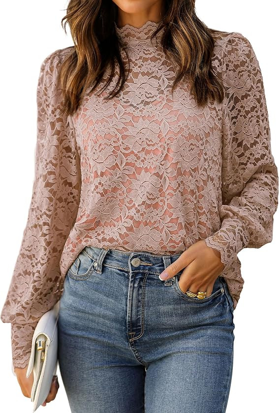 HOTOUCH Lace Tops for Women Sheer Long Sleeve Blouses Dressy Casual Shirt | Lantern Sleeve Shirts... | Amazon (US)