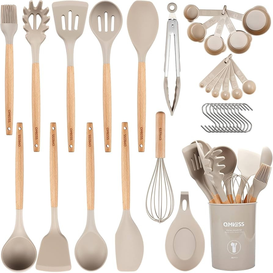 Kitchen Utensils Set QMVESS 35 Pcs Non-Stick Silicone Cooking Utensils Set with Holder Sturdy Ins... | Amazon (US)