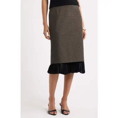 Nordstrom Patterned Pleat Trim Midi Skirt in Black- Brown Micro Check at Nordstrom, Size X-Large | Nordstrom