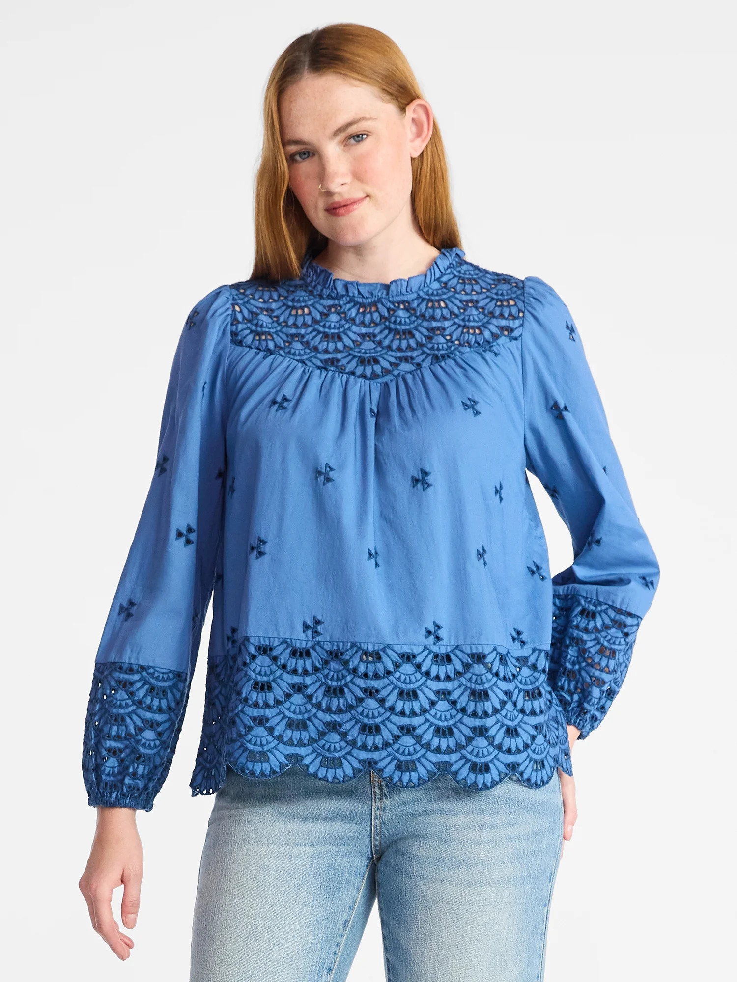 Time and Tru Women's Cotton Eyelet Blouse with Long Sleeves, Sizes XS-XXXL | Walmart (US)