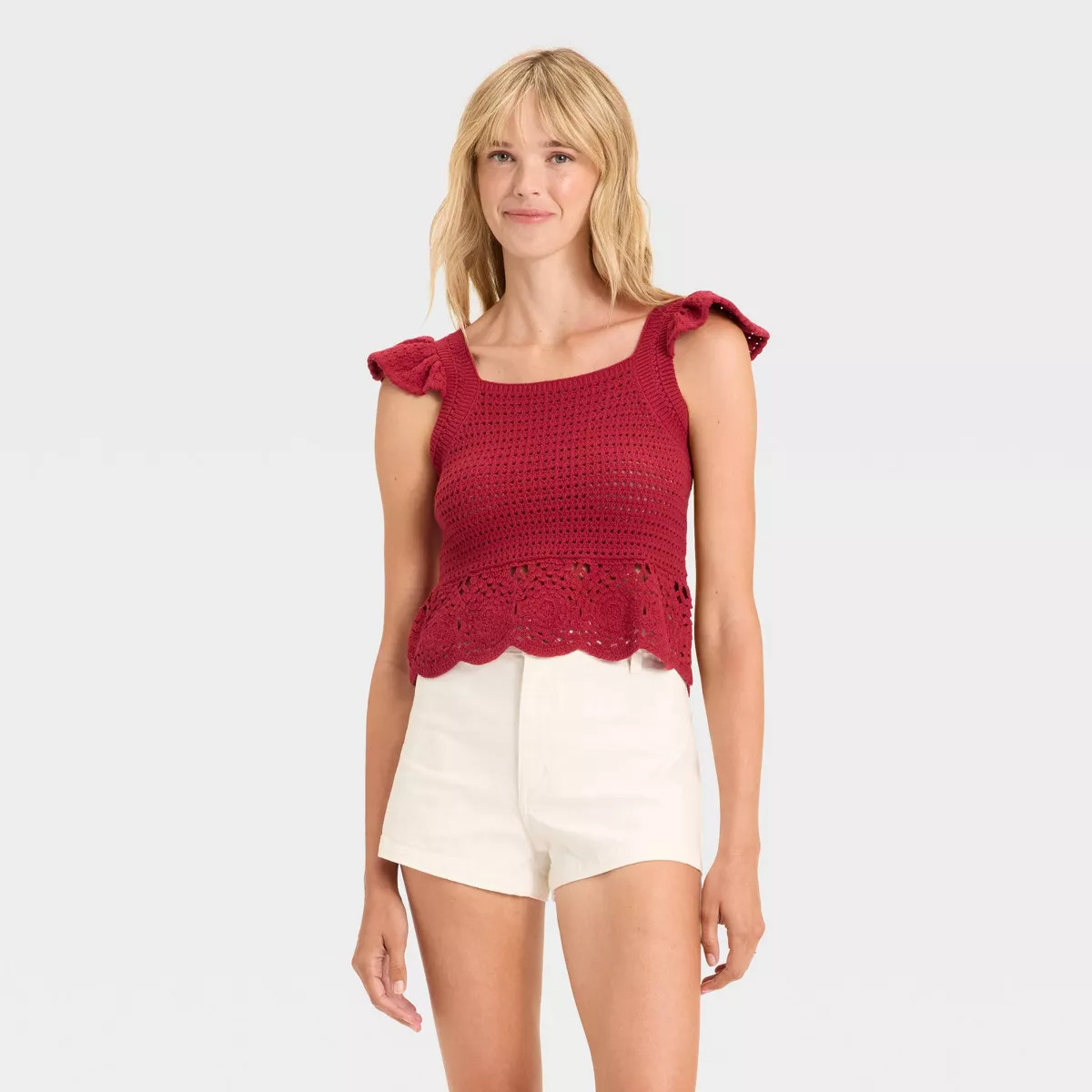 Women's Openwork Flutter Sleeve Sweater Tank - Universal Thread™ Red | Target