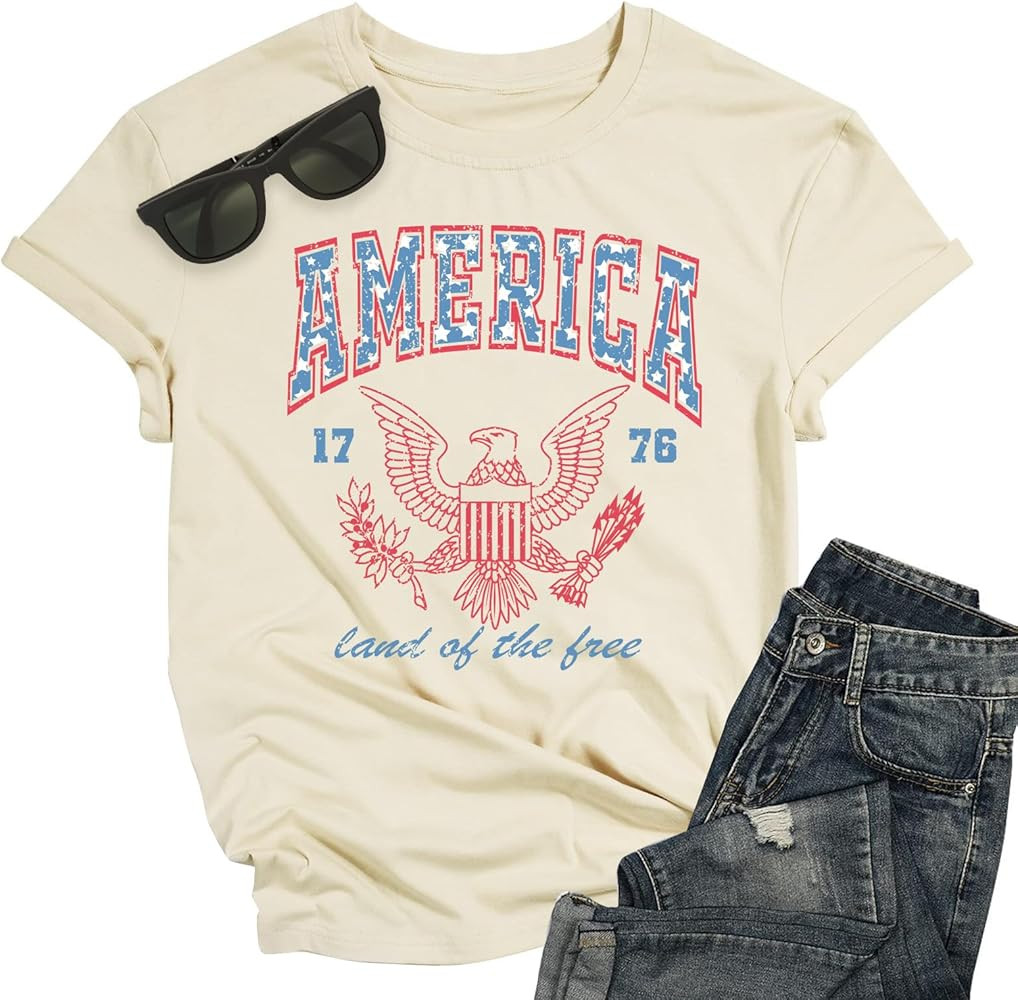 Women America Shirt Patriotic 4th of July Party Shirt Land of The Free Shirt Retro 1776 Short Sle... | Amazon (US)