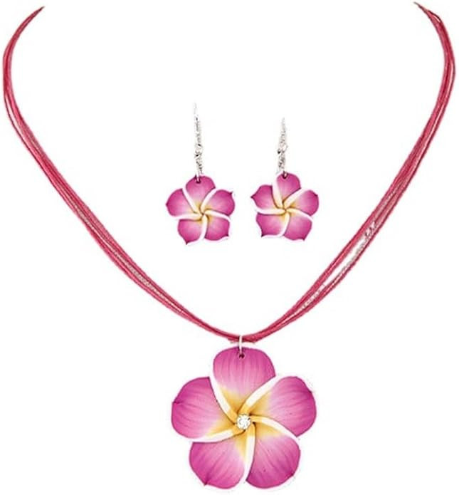 Hawaiian Plumeria Rubra Earrings Necklace Set Bohemia Tropical Flower Dangle Earrings Luau Beach ... | Amazon (US)