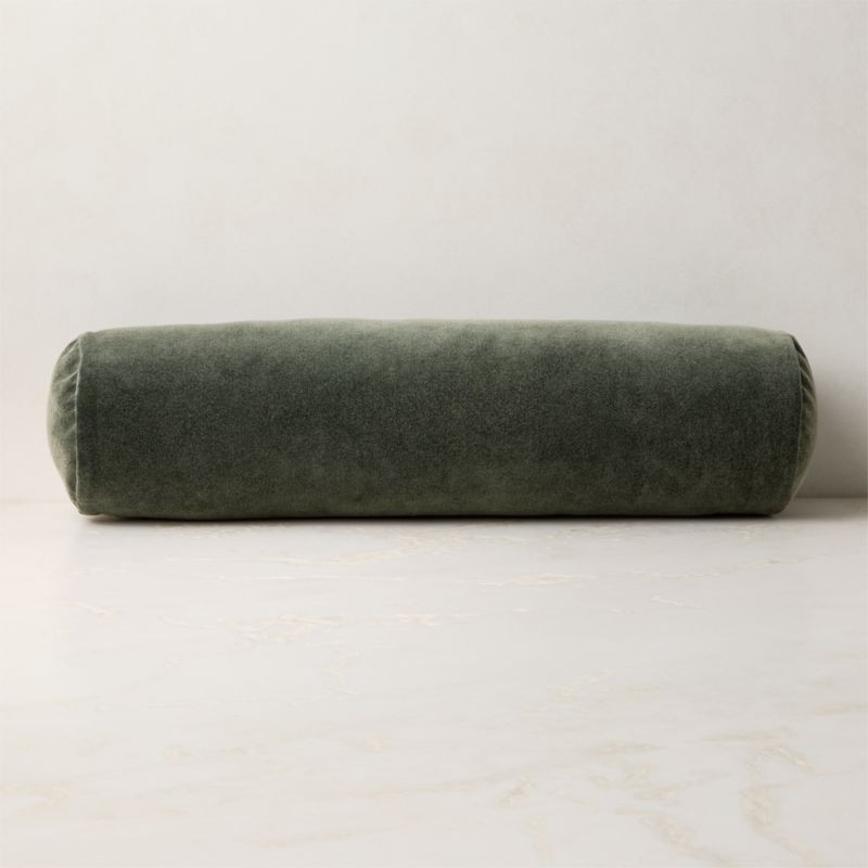Encino Smoked Green Cotton Stonewashed Velvet Bolster Throw Pillow 24"x6" | CB2