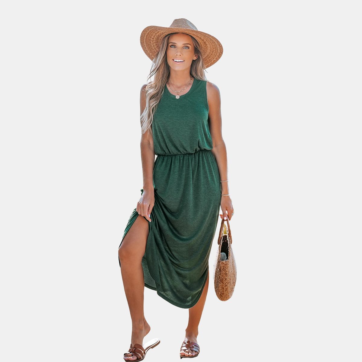 Women's Scoop Neck Side Slit Maxi Dress - Cupshe-M-Green | Target