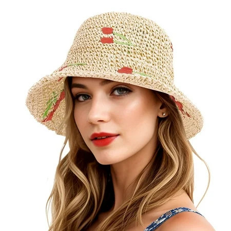 Wowstyle Cherry Straw Sun Hat for Women Packable Wide Brim Straw Hat Aesthetic Fruits Print Bucket Hats Adjustable Rope Beige | Walmart (US)
