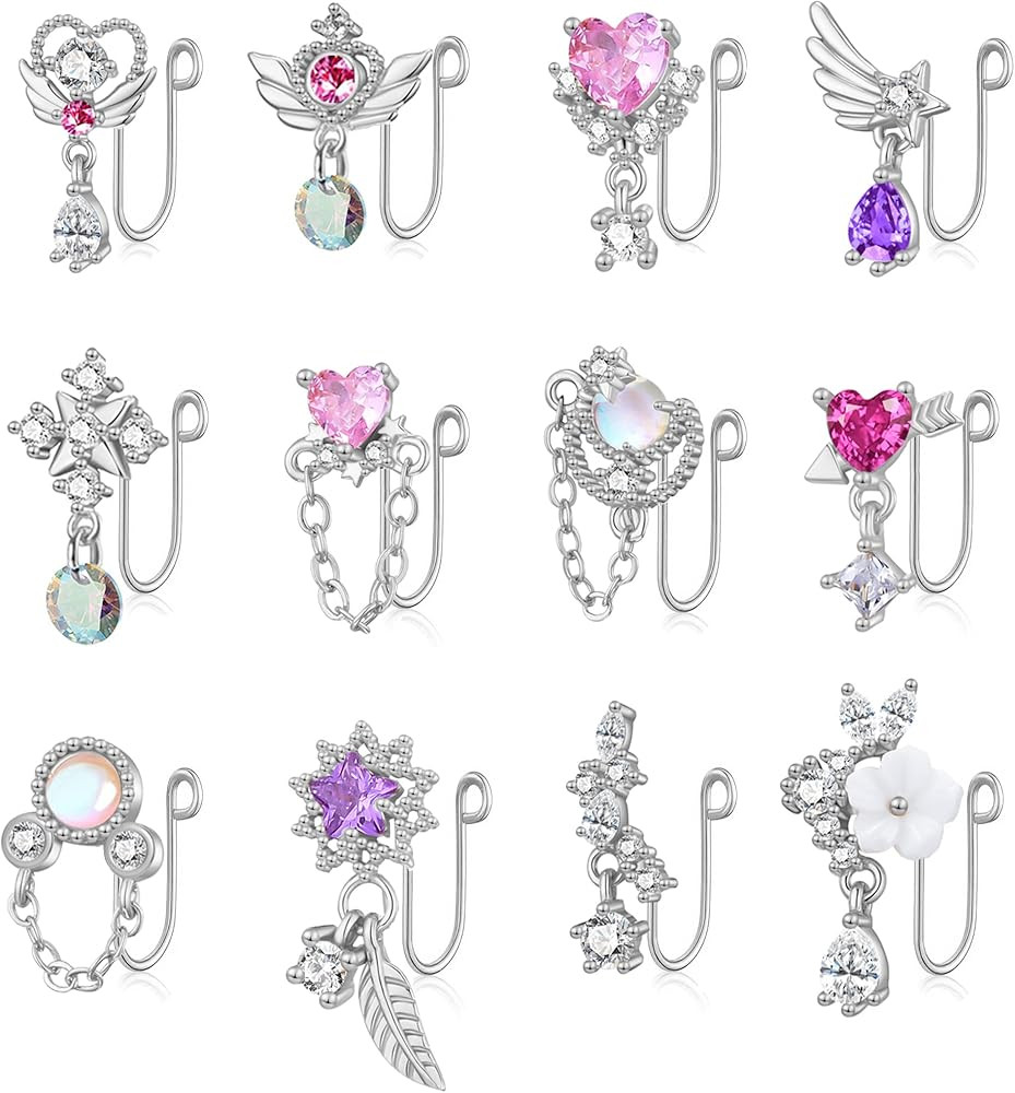 PLOMFOV 12Pcs Fake Nose Ring for Women Dangling Nose Cuffs Faux Clip on Nose Ring for Non Pierced... | Amazon (US)