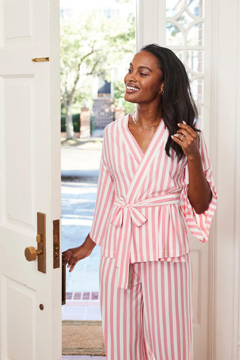 DreamKnit Kimono Pajama Set in Coral Stripe | Lake Pajamas