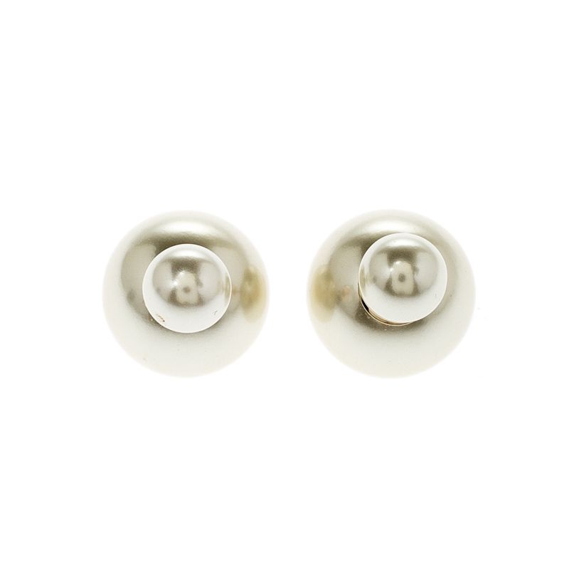 Dior Tribales Cream Faux Pearl Gold Tone Stud Earrings | The Luxury Closet