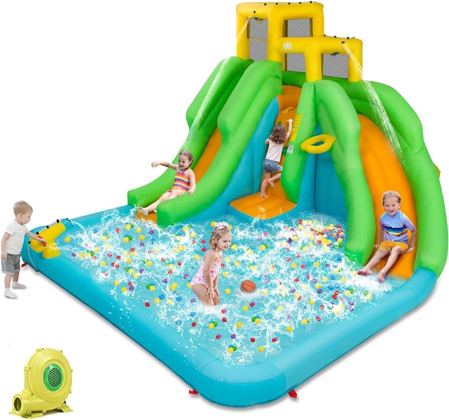 HONEY JOY Inflatable Water Slide, 6 in 1 Kids Bouncer Water Park w/Climbing Wall & 2 Long Slides,... | Amazon (US)